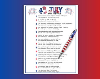 Puede incluir: Una hoja de juego patriótica titulada "4th of July Pass the Prize" con un bolígrafo rojo, blanco y azul. El juego incluye 15 indicaciones para pasar el premio a alguien en función de varios criterios. La hoja tiene un borde blanco.