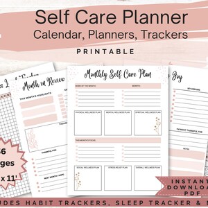 May include: Printable self-care planner with 36 pages, including a monthly self-care plan, a stress tracker, a habit tracker, and a joy tracker. The planner is 8.5 inches by 11 inches.