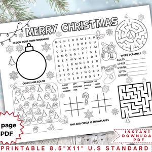 Christmas activity placemat, Christmas activity page for kids, Christmas coloring, Printable Christmas placemat, Christmas coloring placemat