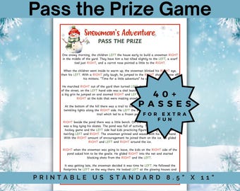 May include: Printable 8.5" x 11" game sheet titled "Snowman's Adventure: Pass the Prize." The text is in black and red, with a snowman illustration. A blue starburst graphic reads "40+ Passes for Extra Fun."