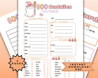 Boo buddies questionnaire, Boo basket questionnaire, Boo buddy questionnaire, Halloween questions, boo questionnaire, Halloween exchange