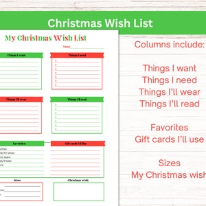 Printable Christmas wishlist, Christmas wish list for adults, Favorites list, Christmas gift list, Santa list, Holiday wish list, kids wish image 2