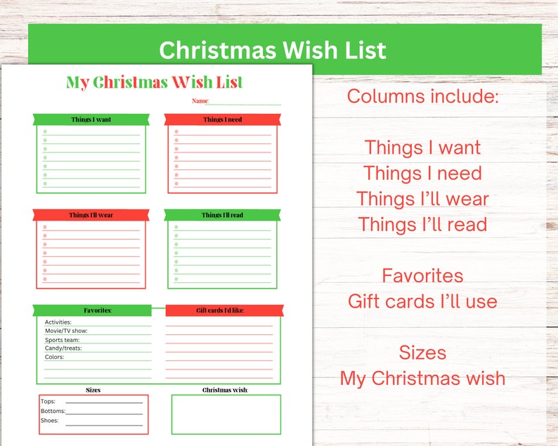 Printable Christmas wishlist, Christmas wish list for adults, Favorites list, Christmas gift list, Santa list, Holiday wish list, kids wish image 2