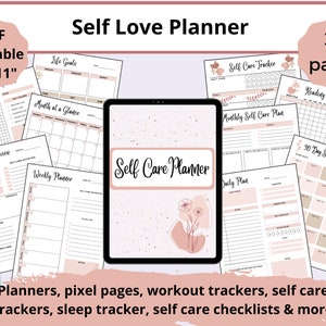 May include: A printable self-care planner with 36 pages. The planner features a pink and white color scheme with floral illustrations. The pages include sections for life goals, monthly plans, weekly planners, daily plans, self-care trackers, and more.