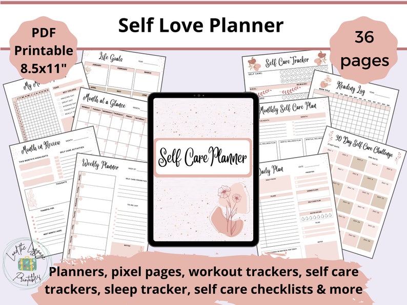 May include: A printable self-care planner with 36 pages. The planner features a pink and white color scheme with floral illustrations. The pages include sections for life goals, monthly plans, weekly planners, daily plans, self-care trackers, and more.
