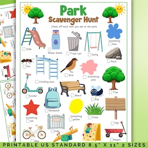 Könnte beinhalten: Eine ausdruckbare Park-Schnitzeljagd-Checkliste mit farbenfrohen Illustrationen von Parkgegenständen wie Rutsche, Schaukel und Baum. Der Text "Park Scavenger Hunt" steht oben, mit Kontrollkästchen neben jedem Artikel. Der Text "PRINTABLE US STANDARD 8.5" X 11" 2 SIZES" steht unten.