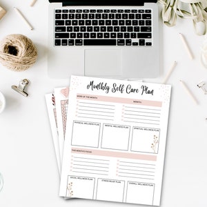 May include: A printable monthly self-care plan with sections for physical, mental, spiritual, social, and overall wellness. The plan includes a space for a word of the month and a section for this month's focus.