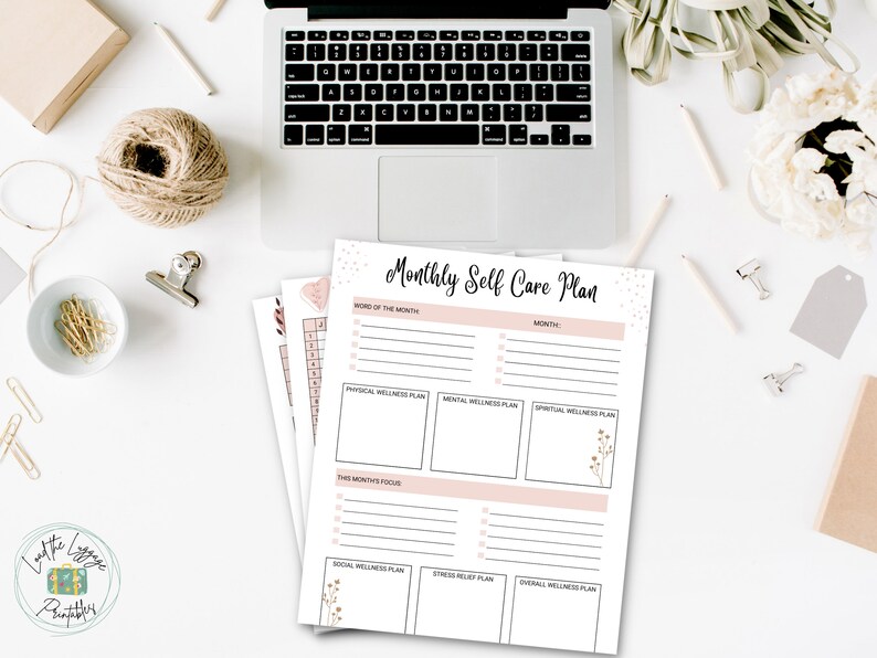 May include: A printable monthly self-care plan with sections for physical, mental, spiritual, social, and overall wellness. The plan includes a space for a word of the month and a section for this month's focus.