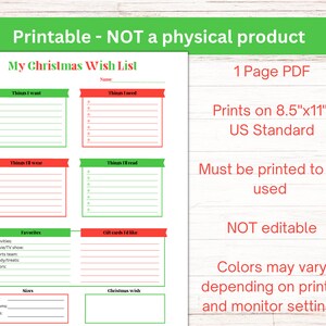 Printable Christmas wishlist, Christmas wish list for adults, Favorites list, Christmas gift list, Santa list, Holiday wish list, kids wish image 3