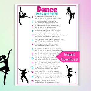 May include: A white rectangular game card titled Dance Pass The Prize with pink borders and black text. The card features fifteen numbered rhyming instructions for a party game, decorated with black silhouettes of dancers and an Instant Download tag.