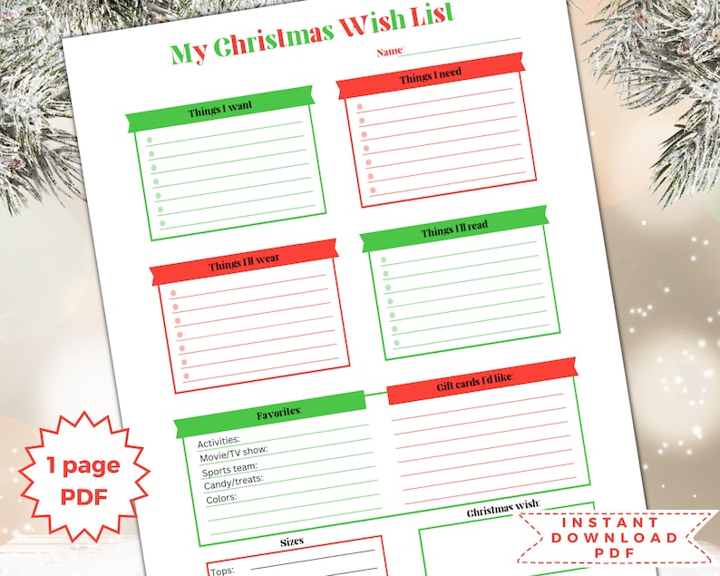 Printable Christmas wish list for adults, kids and teens.  This Santa list includes want, need, wear, read categories plus a favorites list.