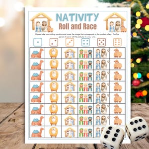 May include: A Nativity Roll and Race game sheet featuring a grid of watercolor illustrations including camels, sheep, mangers, wise men, and holy figures. The text reads Nativity Roll and Race. Two white dice with black dots are placed in front.