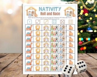 Puede incluir: Una hoja de juego Nativity Roll and Race con una cuadrícula de ilustraciones en acuarela que incluyen camellos, ovejas, pesebres, reyes magos y figuras sagradas. El texto dice Nativity Roll and Race. Dos dados blancos con puntos negros.