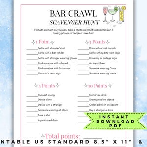 Bar crawl scavenger hunt, bar scavenger hunt adults, bar crawl games, pub crawl bingo, birthday bar crawl, girls night game, drinking game
