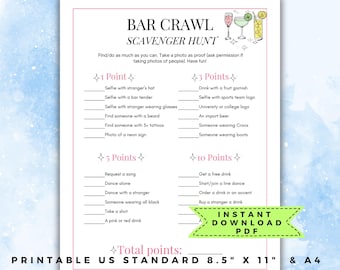 Bar crawl scavenger hunt, bar scavenger hunt adults, bar crawl games, pub crawl bingo, birthday bar crawl, girls night game, drinking game