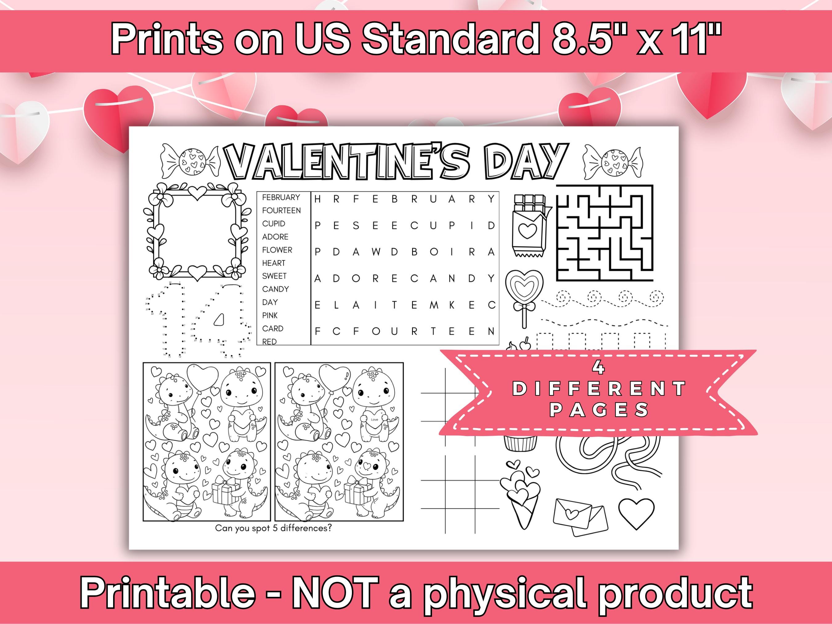 Printable Valentines Day Activity Placemats for Kids, Valentines Day ...