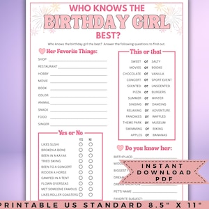 Printable Who knows the birthday girl best questionnaire