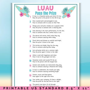 Puede incluir: Un juego imprimible de fiesta Luau en papel estándar estadounidense de 8,5" x 11". El juego presenta una lista de instrucciones con gráficos coloridos de tablas de surf, flores y hojas de palma. El título "Luau Pass the Prize" está en la parte superior.