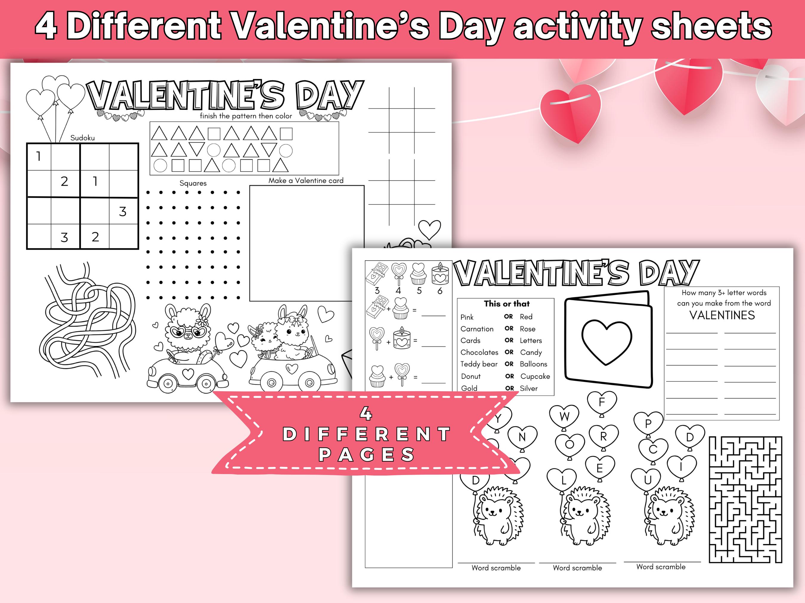 Printable Valentines Day Activity Placemats for Kids, Valentines Day ...