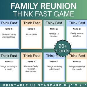 May include: A printable family reunion game with the text "Family Reunion Think Fast Game." The game includes cards with prompts like "Things you bring to a picnic" and "Things you see at the beach." The game is printed on 8.5" x 11" paper.