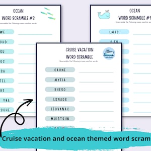 3 ocean and cruise themed word scrambles that are part of the kids cruise activity kit