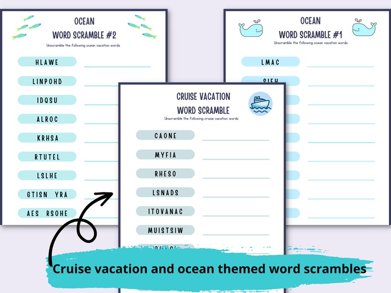 3 ocean and cruise themed word scrambles that are part of the kids cruise activity kit