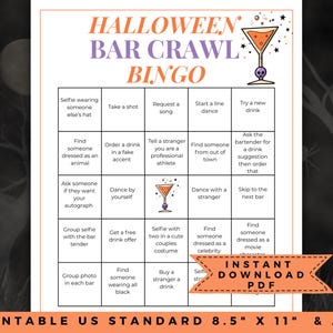 Puede incluir: Un juego de Bingo de Halloween Bar Crawl imprimible en una hoja A4. La tarjeta de bingo presenta una cuadrícula con varias actividades temáticas de Halloween.