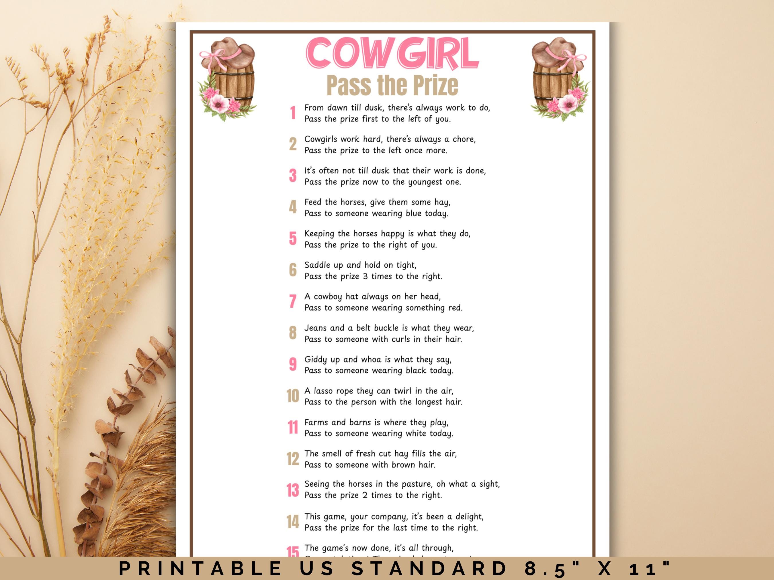Cowgirl Pass the Prize, Cowgirl Party Game - Etsy