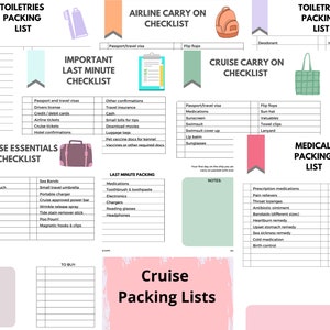 May include: A printable checklist for packing for a cruise vacation. The checklist is divided into sections for toiletries, cruise essentials, last minute packing, airline carry-on, cruise carry-on, and medical packing. The checklist is designed to help travelers pack efficiently and avoid forgetting important items.