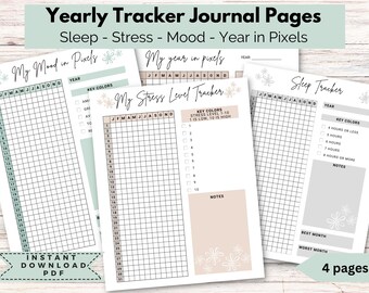 Year in pixels, mood tracker, sleep tracker, stress tracker journal, yearly trackers, pixel journal pages, daily mood tracker, daily tracker