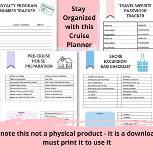 May include: Printable cruise planner with sections for loyalty program numbers, pre-cruise house preparation, shore excursion bag checklist, and travel website passwords. The planner is designed in a pink and blue color scheme with illustrations of a house, a suitcase, and a laptop.