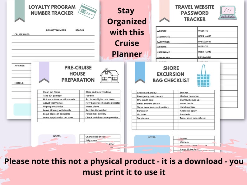 May include: Printable cruise planner with sections for loyalty program numbers, pre-cruise house preparation, shore excursion bag checklist, and travel website passwords. The planner is designed in a pink and blue color scheme with illustrations of a house, a suitcase, and a laptop.
