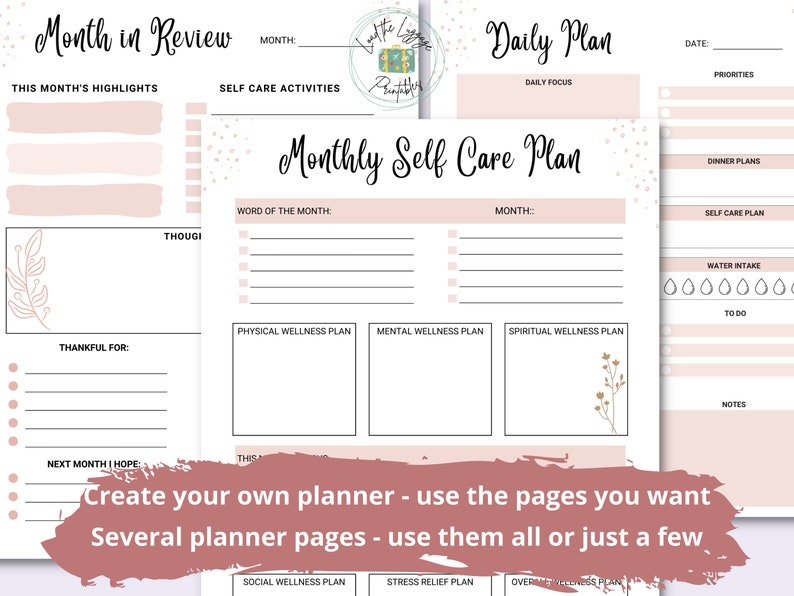 May include: A printable planner with pages for monthly self-care, daily planning, and a monthly review. The pages are decorated with floral illustrations and a pink and white color scheme. The text on the pages includes "Monthly Self Care Plan", "Daily Plan", and "Month in Review".