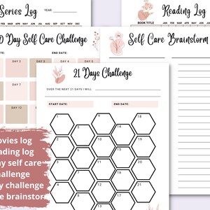 May include: Printable planner pages with a pink floral design. The pages include sections for movies, series, reading, self-care challenges, and a 21-day challenge.