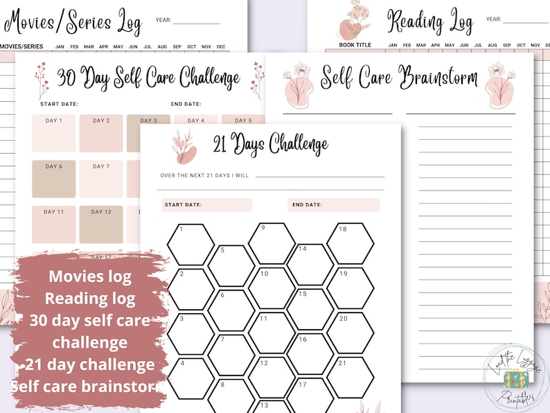 May include: Printable planner pages with a pink floral design. The pages include sections for movies, series, reading, self-care challenges, and a 21-day challenge.