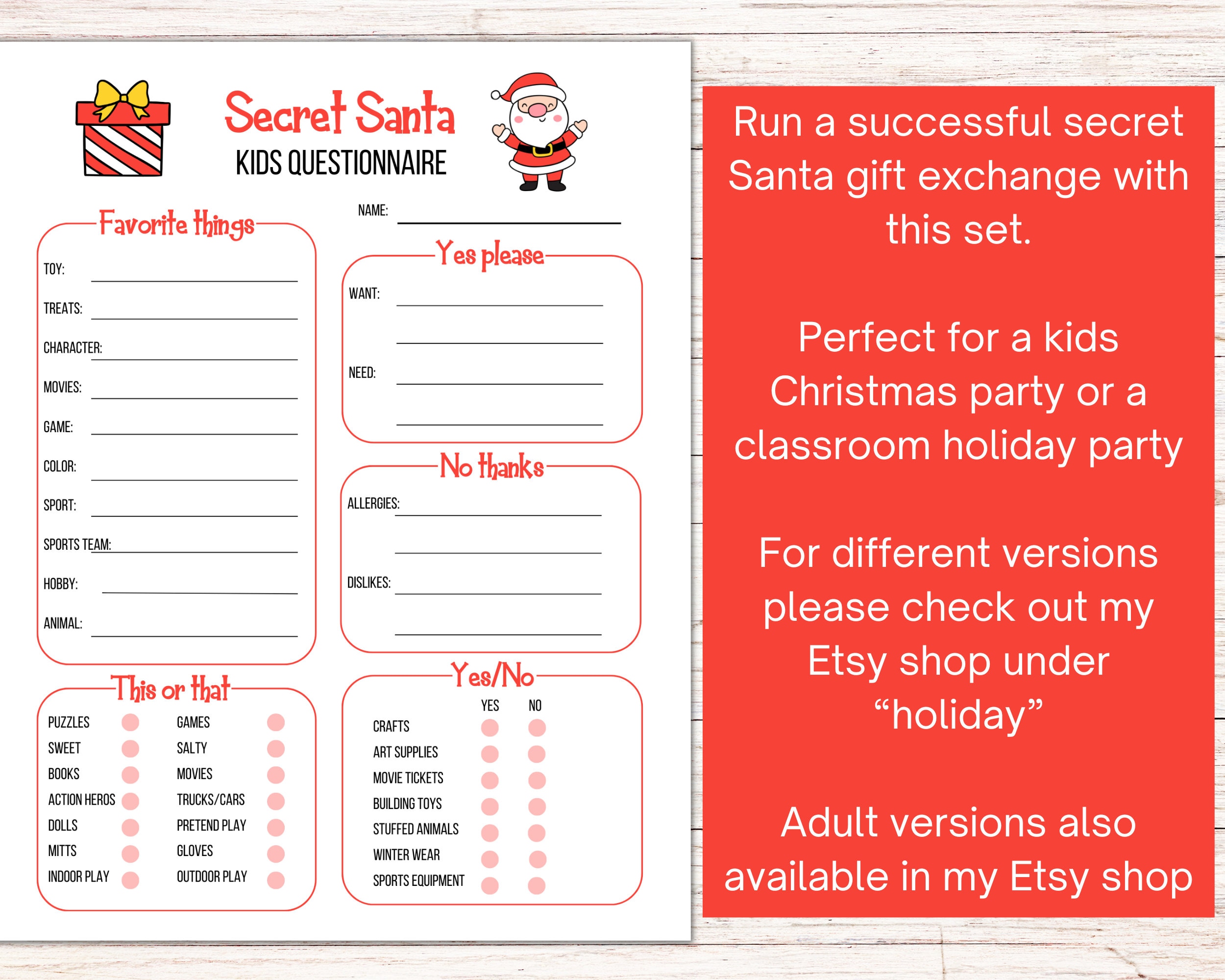 Secret Santa for Kids, Secret Santa Survey, Secret Santa Forms, Secret