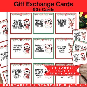 May include: Printable gift exchange cards with festive designs. Each card features a penguin or reindeer illustration and instructions like "Swap Gifts with the Person with the Shortest First Name." Includes 90 cards plus 9 blank ones.