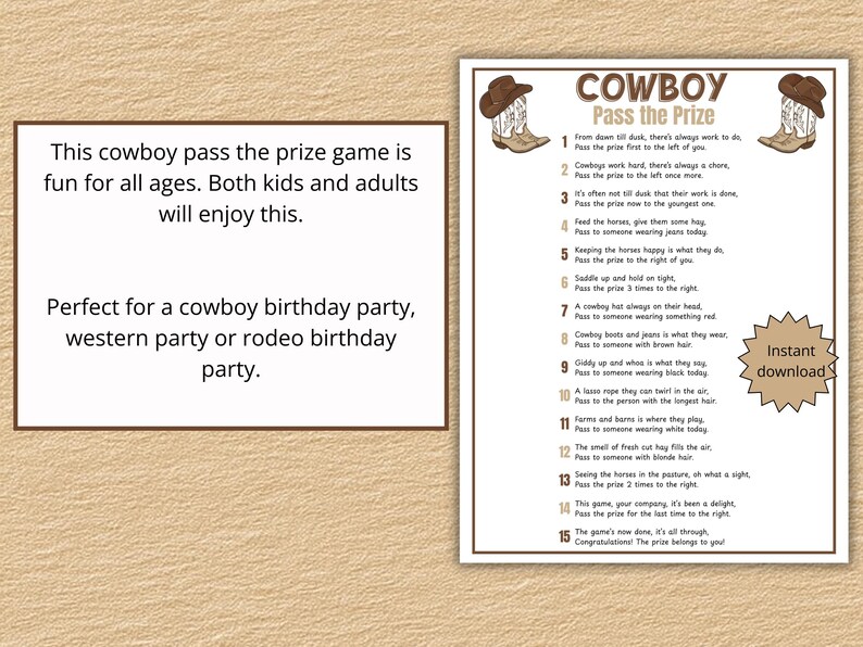 Pass the Prize Cowboy, Cowboy Birthday Party Games, Western Party Game ...
