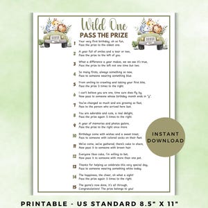 May include: A printable "Wild One Pass the Prize" game on an A4 sheet. The design features a safari jeep with animal illustrations and text for a birthday party game. Includes "Instant Download" text.