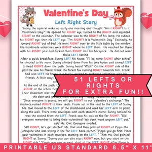 Op de afbeelding: Een afdrukbaar Valentijnsdagverhaal getiteld "Left Right Story" met een illustratie van een eekhoorn en een vos. De tekst benadrukt de woorden "links" en "rechts". Het papier is US standaard 21,6 cm x 27,9 cm.