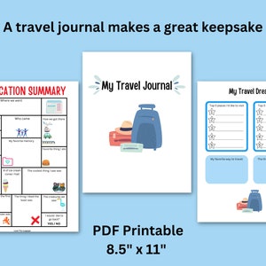 May include: Printable travel journal pages with a blue, white, and red color scheme. The pages include sections for "My Vacation Summary", "My Travel Journal", and "My Travel Dreams". The journal is 8.5 inches by 11 inches.