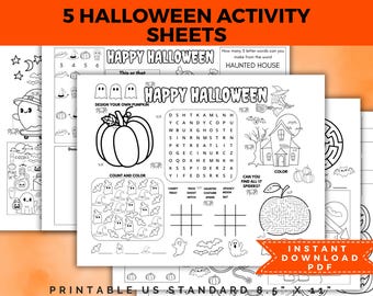 Printable Halloween activity placemat for kids, Halloween activity sheet, Halloween coloring pages, Halloween worksheets, Halloween placemat