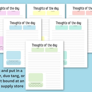 May include: Six printable pages with a light blue background. Each page has a heading that says "Thoughts of the day" with a space for the date and location. Each page has a section for writing with lines and a section for rating the day with five stars.