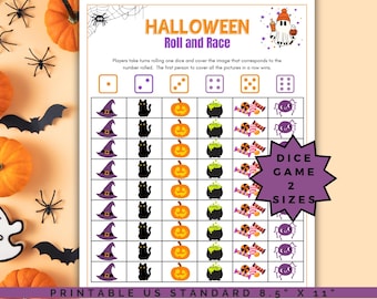 Halloween dice game, roll and race game, Halloween game night, Halloween group game, Printable Halloween dice game for kids, dice game kids