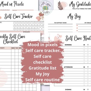 May include: Printable self-care planner with a pink floral design. Includes sections for tracking mood, self-care activities, gratitude, and a daily routine.