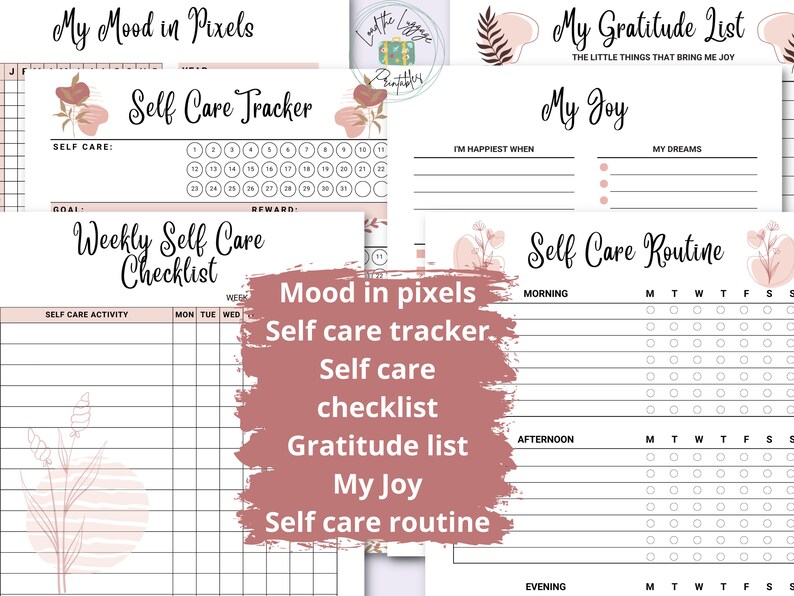 May include: Printable self-care planner with a pink floral design. Includes sections for tracking mood, self-care activities, gratitude, and a daily routine.