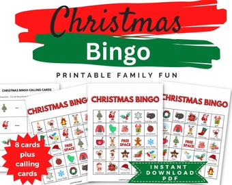 May include: Printable Christmas Bingo game with 8 cards and calling cards. The cards feature images of Christmas icons like Santa, a tree, a reindeer, a snowman, a gift, a candy cane, a stocking, a wreath, a gingerbread man, a snowflake, a holly sprig, a cookie, a bell, a hat, and a cat. The text on the cards reads "Christmas Bingo".