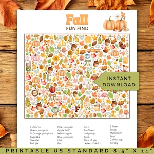 May include: A printable Fall Fun Find activity sheet measuring 21.59 by 27.94 cm. The page features a grid of autumn-themed illustrations including pumpkins, leaves, acorns, and animals, with a list of items to locate and the text Fall Fun Find.