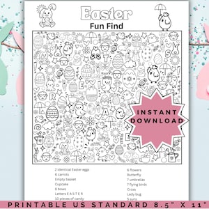 May include: Black and white Easter activity sheet with the title "Easter Fun Find." The sheet features hidden images of Easter eggs, chicks, and flowers. The words "Instant Download" are also visible on the sheet.