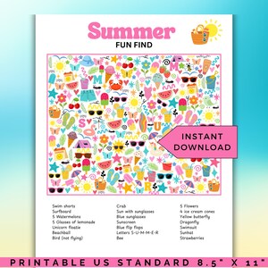 May include: A printable 8.5" x 11" summer-themed activity sheet with the words "Summer FUN FIND" in pink. The sheet features colorful illustrations of summer items like swimsuits, ice cream, and sunglasses. A pink arrow points to "INSTANT DOWNLOAD".